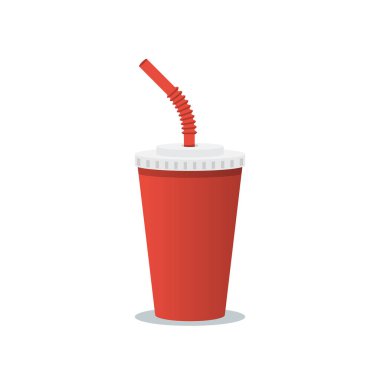 Kağıt kırmızı bardak. Kamışlı bir bardak kola. Soğutucu içecek. Vektör çizimi düz tasarım. Uzun gölgeli ıssız bir fincan. İkon iç. Fast food içecek ikonu.