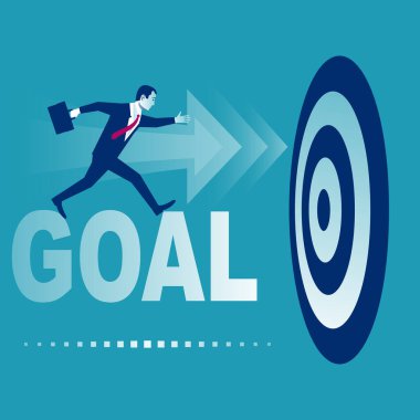 İşadamı hedefi işaret ediyor. Ortak bir hedefe ulaşmak için takım çalışması. Başarılı kişi bir hedefe doğru ilerliyor. Vektör çizimi düz tasarım. Hevesli insanlar. Meydan okuma hedefe ulaşır.