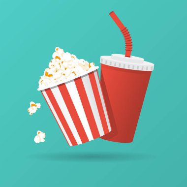 Patlamış mısır ve soda ikonu. Büyük kırmızı ve beyaz bir karton kutuda lezzetli patlamış mısır ve kağıt bardakta soğuk soda. Film izlemek için abur cubur. Vektör çizimi düz tasarım. Beyaz bir arkaplanda izole edilmiş.