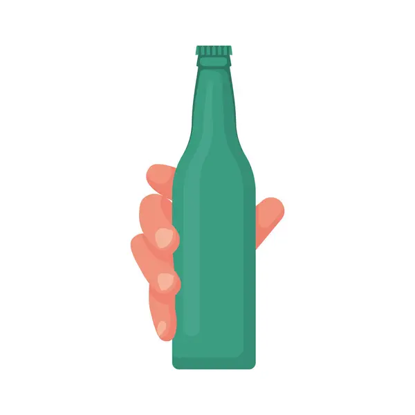 Muž Držící Ruce Zelenou Láhev Piva Bez Nálepky Vektorová Ilustrace — Stockový vektor