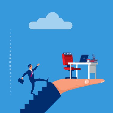 Boş bir kavram. Yeni bir işe koşan bir iş adamı. Vektör çizimi düz tasarım. Kariyer pozisyonu. Ofis boş sandalyede, işe alım sembolü olarak imzayla el ele tutuşun. Personel işe alınıyor.