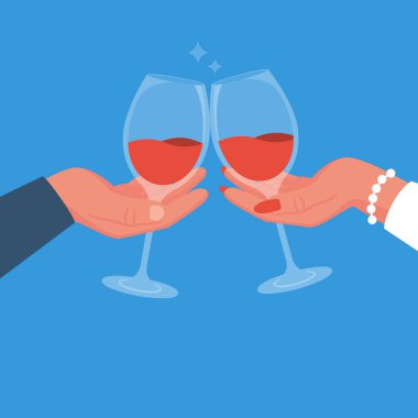 Kırmızı şarapla kadeh tokuşturan iki el. Erkek ve kadın randevuda. Bir kadın eli bir bardak kırmızı şarap tutuyor. Vektör çizimi düz tasarım. Beyaz arkaplanda izole.