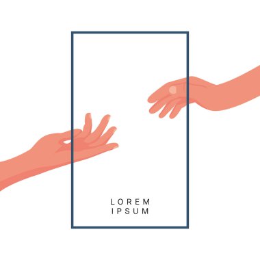 Elini uzat. Eller birbirine doğru uzanıyor. Beraberlik ya da ortaklık. Broşür, afiş, poster, kapak ya da broşür için tasarım. Mesaj için yer. Vektör illüstrasyon düz tasarım.