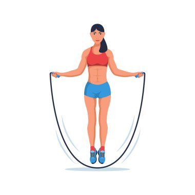 Genç fitness kızı ip atlıyor. Sağlıklı bir yaşam tarzı. Güzel bayan sporcu. İnce vücut. Vektör karakter. Çizim düz tasarım. Beyaz arka planda izole edilmiş. Aktif spor kardiyo egzersizleri.