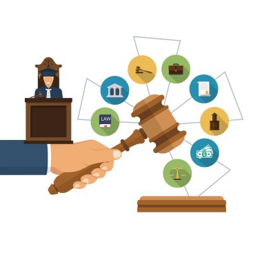 Hukuk kavramı. Yargıç adaletin tokmağını elinde tutuyor. Hukukun ve adaletin simgeleri. Yasal yardım şablonu. Vektör çizimi düz tasarım. Beyaz arkaplanda izole.