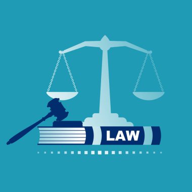 Hukuk ve adaleti kabul et. Adalet terazisi, tokmak ve kitap. Vektör çizimi düz tasarım. Web pankartları, tanıtım materyalleri, sunum şablonları için.