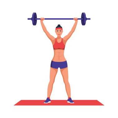 Kız halteri kaldırıyor. Spor salonundaki kadın ağır disklerle egzersiz yapıyor. Genç kız spor sporcusu. Spor yaşam tarzı. Vektör çizimi düz tasarım. Çekici atletik kadın..