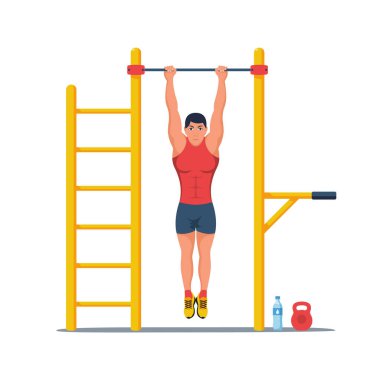 Yatay çubukta barfiks çeken biri var. Yatay çizgiden atlet. Atletik genç vücut. Sağlıklı bir yaşam tarzı. Antrenman alanı. Kaslar ve kaslar. Vektör çizimi düz tasarım. Beyaz arkaplanda izole.