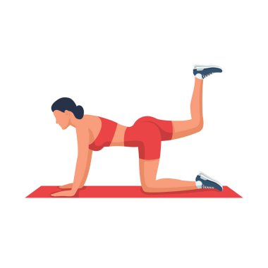 Spor egzersizleri yapan bir kız. İnce, güzel bir kadın vücudu. Fitness ve aerobik. Spor eğitimi. Aktif yaşam tarzı. Vektör çizimi düz tasarım. Beyaz arkaplanda izole.