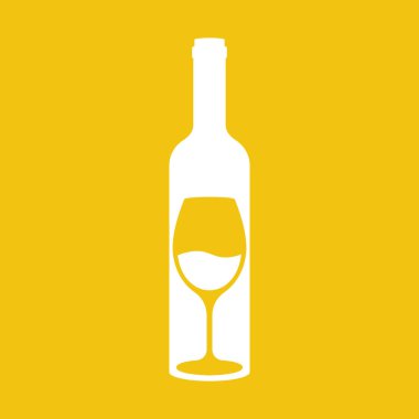 Bardakla birlikte bir şişe şarap, ikon silueti. Alkolik içkiler siluet. Vektör çizimi düz tasarım. Sarı arkaplanda izole edilmiş.