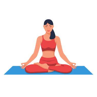 Genç bir kız yoga yapıyor. Uluslararası yoga günü. Lotus pozisyonunda hoş bir kadın. Meditasyon konsepti. Rahatlama ve dinlenme. Sağlıklı bir yaşam tarzı. Vektör çizimi düz tasarım. Beyaz arkaplanda izole.