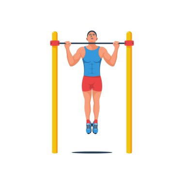 Adam yatay çubukta barfiks çekiyor. Yatay çizgide bir atlet. Atletik genç vücut. Sağlıklı bir yaşam tarzı. Kaslar ve kaslar. Vektör çizimi düz tasarım. Beyaz arkaplanda izole.