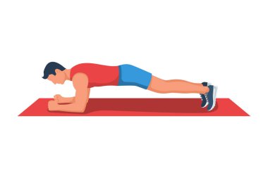 Vücut kalası. Güzel bir genç adam mükemmel bir tahtanın üzerinde duruyor. İyi bir atletik vücut. Aktif yaşam tarzı. Zayıf vücut, karın egzersizi. Vektör çizimi düz tasarım. Beyaz arkaplanda izole.