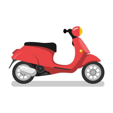 Retro moped. Klasik kırmızı scooter yan görüntüsü. Teslimat için somurtulmuş. Ekolojik şehir ulaşımı. Vektör çizimi düz tasarım. Beyaz arkaplanda izole.