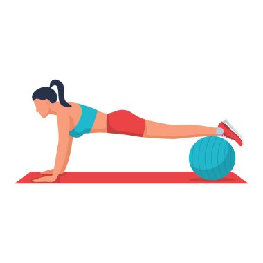 Fitball 'la spor yapan bir kız. Evde idman yapıyorum. Spor kıyafetli bir kadın mavi pilates topuyla karın kaslarını çalıştırıyor. Fitness konsepti. Vektör çizimi düz tasarım. Beyaz arkaplanda izole.