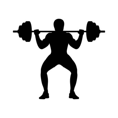 Halterli ikon sporcu. Siyah siluet halteri kaldırıyor. Ağırlığı kaslı ellerde. Vücut geliştirici eğitimde. Spor fitness yaşam tarzı. Vektör çizimi düz tasarım. Beyaz arkaplanda izole