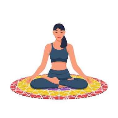 Genç bir kız yoga yapıyor. Uluslararası yoga günü. Lotus pozisyonunda hoş bir kadın. Meditasyon konsepti. Rahatlama ve dinlenme. Sağlıklı bir yaşam tarzı. Vektör çizimi düz tasarım. Beyaz arkaplanda izole.