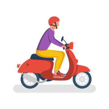 Motosikletli adam. Mobiletli genç bir adam. Şık giyimli ve kafasında kaskla. Motosikletli bir kurye. Motosiklet süren adam. Vektör çizimi düz tasarım. Beyaz bir arkaplanda izole edilmiş.