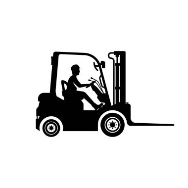 Forklift siyah ikonu. Teslimat, lojistik ve kargo için şablon. Vektör çizimi düz tasarım. Beyaz arkaplanda izole.