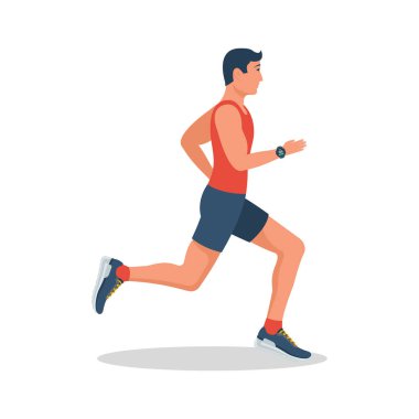 Koşan adam, profil görüntüsü. Beyaz arka planda izole edilmiş. Genç ve çekici bir erkek. Aktif yaşam tarzı. Spor ve spor. Vektör çizimi düz tasarım. Atletik vücut. Beyaz arkaplanda izole.