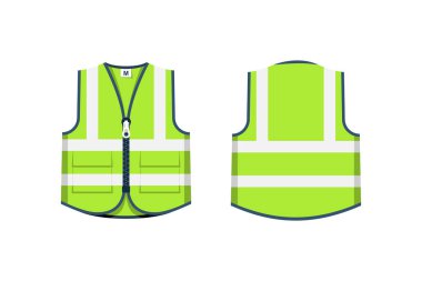Güvenlik ceketi yassı ikonu. Yeşil acil durum yeleği, ön ve arka görüntüler. Özel üniforma. Yansıtıcı güvenlik yeleği. Vektör çizimi düz tasarım. Beyaz arkaplanda izole.