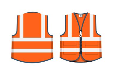 Güvenlik ceketi yassı ikonu. Parlak turuncu acil durum yeleği, ön ve arka manzara. Özel üniforma. Yansıtıcı güvenlik yeleği. Vektör çizimi düz tasarım. Beyaz arkaplanda izole.