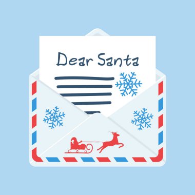 Noel Baba 'ya mektup. Noel Baba 'nın dilek listesine bir şablon. Mutlu Noeller ve yeni yıl. Vektör çizimi düz tasarım. Tatil arkaplanı.