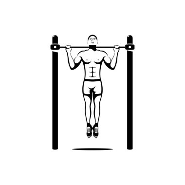 Yatay çubukta barfiks çeken bir adam. Yatay çizgi siyah ikonda bir atlet. Atletik genç vücut. Sağlıklı bir yaşam tarzı. Kaslar ve kaslar. Vektör çizimi düz tasarım. Beyaz arkaplanda izole.