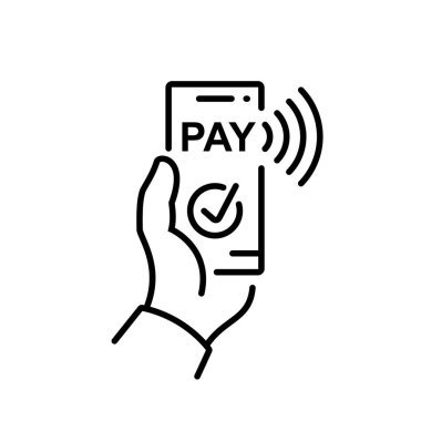 Akıllı telefon siyah çizgi ikonlu ödeme. Uygulamalar ve web siteleri için mobil ödeme simgesi. Elimde telefon var. Vektör çizimi düz tasarım. Beyaz arka planda izole edilmiş. Temassız alım.