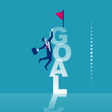 İşadamı hedefine doğru yükseliyor. Kariyer gelişimi. Erkek kaleye. Vektör çizimi düz tasarım. Arka planda izole edilmiş. Zafer arzusu. Hırs işi..