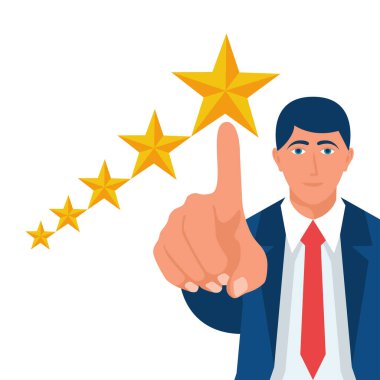 Beğeni simgesi. Yıldız vektör çizimi düz tasarım. Geri bildirim konsepti. Değerlendirme sistemi. Pozitif eleştiri. Arka planda izole edilmiş. Kaliteli iş. Mans parmakla yıldızı gösterir.