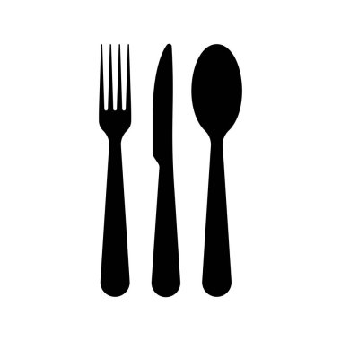 Çatal bıçak ikonu. Kaşık ve çatal çapraz siyah siluet simgesi. Mutfak aletleri. Vektör çizimi düz tasarım. Beyaz arkaplanda izole.