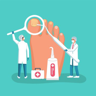 Nail disease. Onychomycosis concept. Fungal nails infection. Doctors exam and treat psoriasis. Paronychia, inflammation of skin around toenail. Doctor dermatologist analyzes fungal disease. Vector. clipart