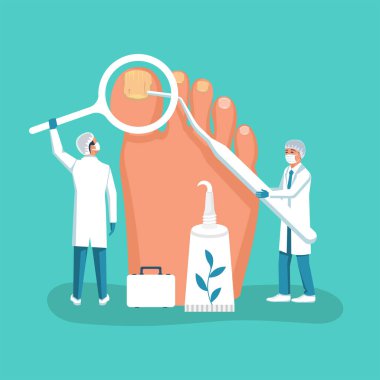 Nail disease. Onychomycosis concept. Fungal nails infection. Doctors exam and treat psoriasis. Paronychia, inflammation of skin around toenail. Doctor dermatologist analyzes fungal disease. Vector. clipart
