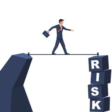 İş riski. İp üzerinde yürüyen bir iş adamı. Başarıya giden yol. Vektör düz tasarım. İş konseptinde başarı. Cesaret sembolü, motivasyonel iş şablonu.