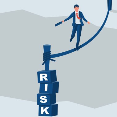 İş riski ip. Cambaz ipinde boşluğu kayalarda yürürken iş adamı. Başarı için yol. Yolda engel. Vektör düz tasarımı. Beyaz arka plan üzerinde izole. Başarı iş kavramı.