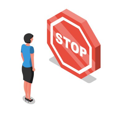 Bir iş kadınının yolundaki dur tabelası. Kişilerin önündeki bir engel. Vektör illüstrasyon izometrik tasarımı. Beyaz arkaplanda izole.