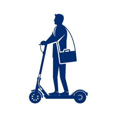 Scooter siyahı ikonu olan bir iş adamı. Alternatif taşımacılıkta başarılı genç adam. Vektör çizimi düz tasarım. Beyaz arka planda izole edilmiş. Elektrikli scooter. Takım elbiseli ve bavullu bir adam..