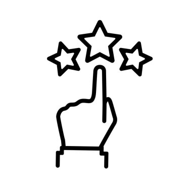 Yıldız derecelendirme minimum tasarım siyah çizgi. 5 yıldız oran simgesi. Bir derecelendirme yıldızına el basar. Geri bildirim konsepti. Değerlendirme sistemi. Pozitif eleştiri. Vektör illüstrasyon düz stil. Nitelikli iş. Web şablonu