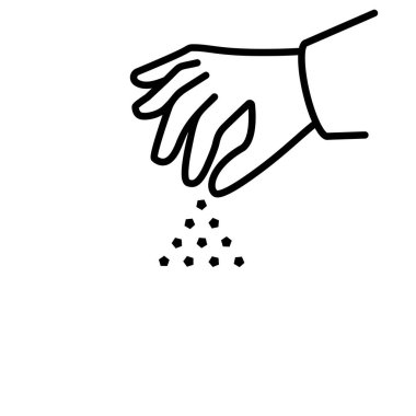 Tuz serpme çizgisi simgesi. Adam tuzu elinde tutuyor. Mutfak tabağını tuzla. Vektör çizimi düz tasarım. Arka planda izole edilmiş. Mutfak şablonu.