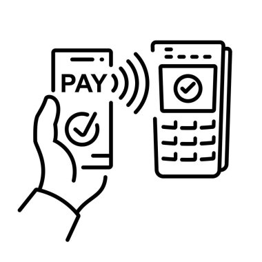 Ücretsiz ödeme, terminaller ve telefon. Nakitsiz ödeme ikonu. NFC konsepti. Nakit ödemesiz işlemler. Finansal işlem ödeme sistemi. Vektör illüstrasyon düz çizgi tasarımı.