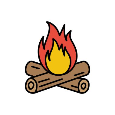 Şenlik ateşi renkli çizgi simgesi. Kamp ateşi ikonu. Yanan ateş beyaz arka planda izole edildi. Vektör illüstrasyon düz tasarım tarzı. Yazdırma işareti.