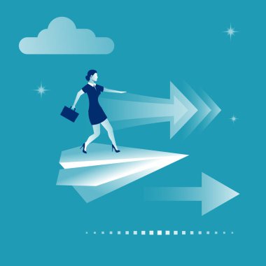 Woman with briefcase standing on paper plane to achieve business goal, concept. Aim in business. Vector illustration flat design. Smart solution to achieve mission. Direction victory. Aiming to target
