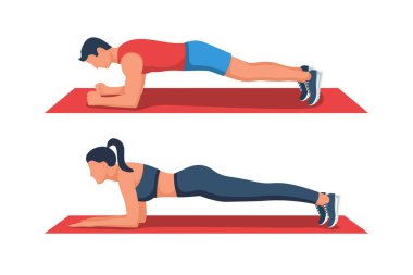 Vücut kalası. Güzel genç bir kız ve bir adam mükemmel bir kalas üzerinde duruyor. İyi bir atletik vücut. Aktif yaşam tarzı. Zayıf vücut, karın egzersizi. Vektör çizimi düz tasarım. İzole edilmiş beyaz arkaplan.