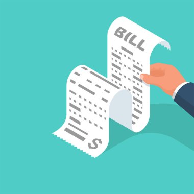 Elde kağıt kontrolü. Faturayı ödeyen adam. Makbuzu elinde tut. Kamu hizmeti, banka, restoran. İş finansmanı kavramı. Vektör illüstrasyon izometrik tasarımı. Finans, fatura, harcamalar.