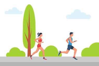 Yürüyüşe çıkmış genç bir çift. Bir erkek ve bir kadın koşuyor. Genç, çekici bir kız ve erkek. Aktif yaşam tarzı. Spor ve spor. Vektör çizimi düz tasarım. Atletik vücut.