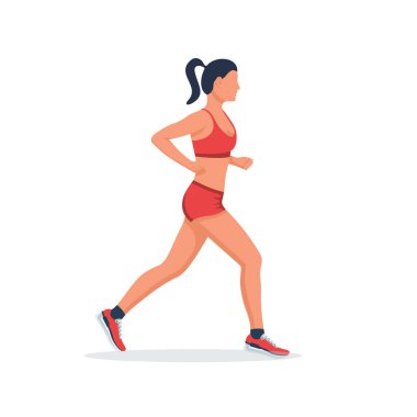 Koşan kadın, profil görüntüsü. Beyaz arka planda izole edilmiş. Genç ve çekici bir kız. Aktif yaşam tarzı. Spor ve spor. Vektör çizimi düz tasarım. Atletik vücut.