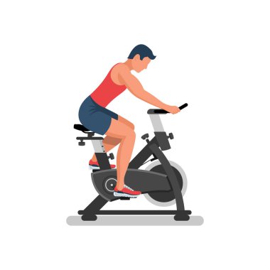 Egzersiz bisikletli bir adam. Güzel bir atletik erkek spor yapıyor. Pedal çevirmek için. Sağlıklı bir yaşam tarzı. Fitness ve aerobik. Spor eğitimi. Aktif yaşam tarzı. Vektör illüstrasyon düz tasarım.