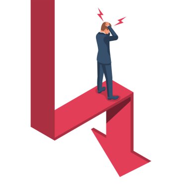 Durgunluk konsepti. Düşen piyasa. Borsacı düşen piyasada dehşete düştü. Finansal grafik düştü. Vektör illüstrasyon izometrik tasarımı.