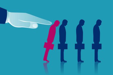 Çalışanların işten çıkarılması. Patronun büyük eli çalışanları işten uzaklaştırıyor. İşten çıkarılan işadamları. Çalışanların iş azaltımı. Vektör çizimi düz tasarım. Arkaplanda izole.